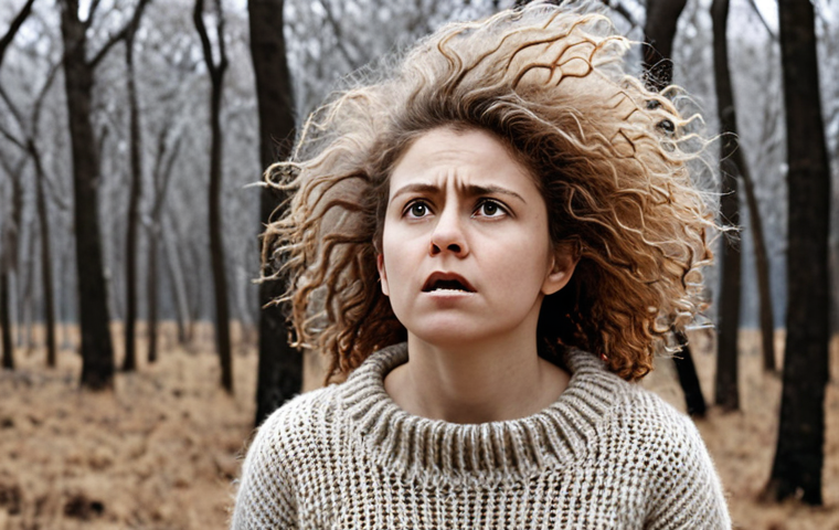 **Image Prompt:** A woman with frizzy, flyaway hair due to static electricity in winter, visibly frustrated. She's wearing a wool sweater, and the background shows a dry, wintery scene with leafless trees. Emphasis on the contrast between her unruly hair and the stark environment.