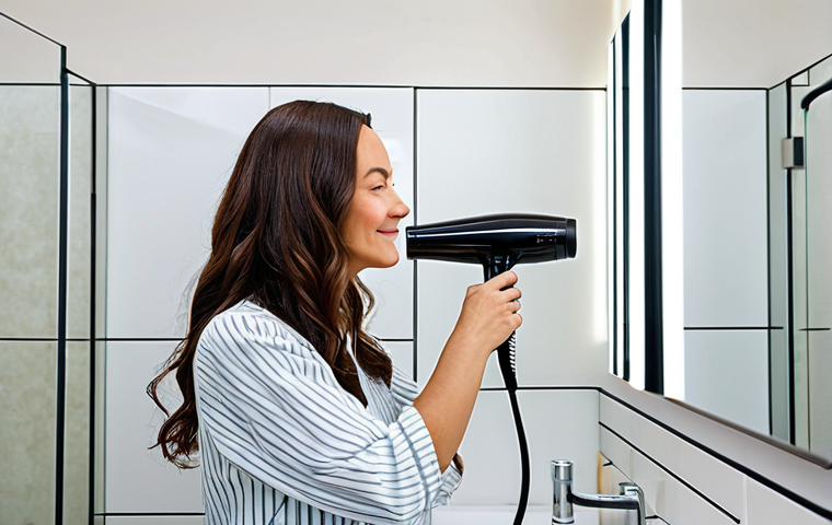 A professional adult woman, mid-30s, with a serene expression, efficiently drying her healthy, shiny hair in a bright, modern bathroom. She holds a sleek, lightweight hair dryer, showcasing its ergonomic design and comfortable grip. Her hair is smooth and frizz-free, illustrating the benefits of advanced hair care technology. She is wearing modest, comfortable home attire. The scene is well-lit, emphasizing a peaceful morning routine. Fully clothed, appropriate attire, safe for work, perfect anatomy, correct proportions, natural pose, well-formed hands, proper finger count, natural body proportions, professional, family-friendly, appropriate content.