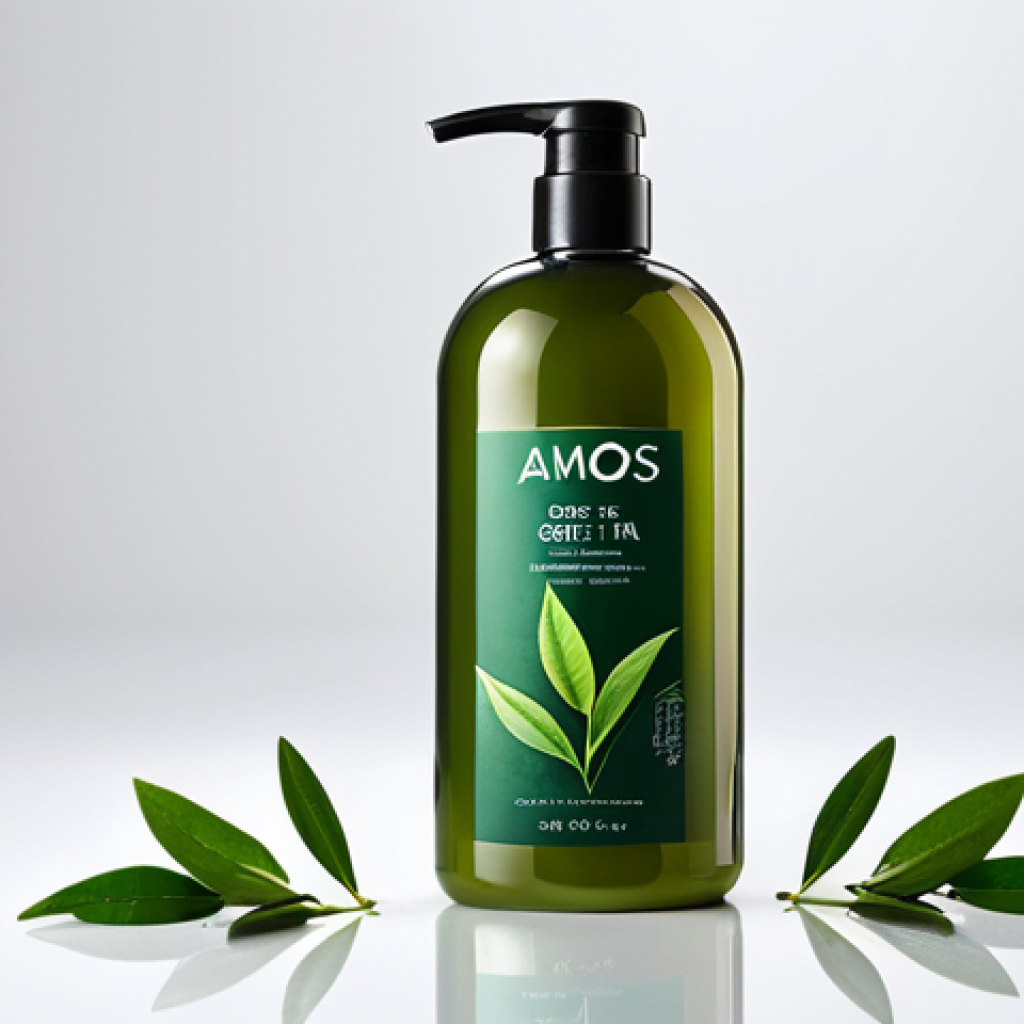 Shampoo Bottle Display**

"Close-up studio shot of an Amos Green Tea Shampoo bottle, dark green, minimalist design, surrounded by fresh green tea leaves, clean white background, professional product photography, safe for work, appropriate content, fully clothed, professional."

**