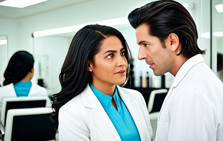 손상모 복구용 헤어 필러 - Professional Hair Consultation**

"A woman with concerned expression discussing hair issues with a p...