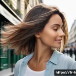 미세먼지 클렌징 샴푸 추천 - A modern urban woman with healthy, shiny hair standing on a bustling Paris street, soft natural ligh...