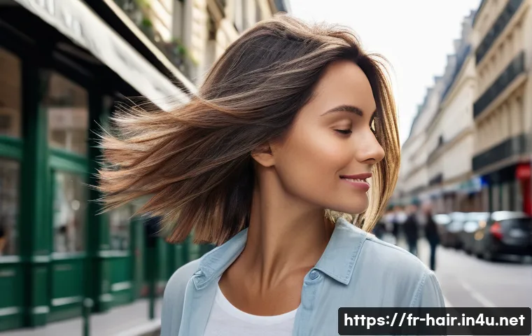 미세먼지 클렌징 샴푸 추천 - A modern urban woman with healthy, shiny hair standing on a bustling Paris street, soft natural ligh...