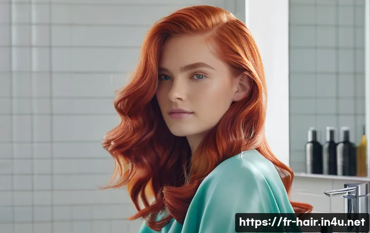 염색 유지력을 높이는 컬러 샴푸 - A close-up portrait of a young woman with vibrant, freshly colored hair styled in soft waves, wearin...