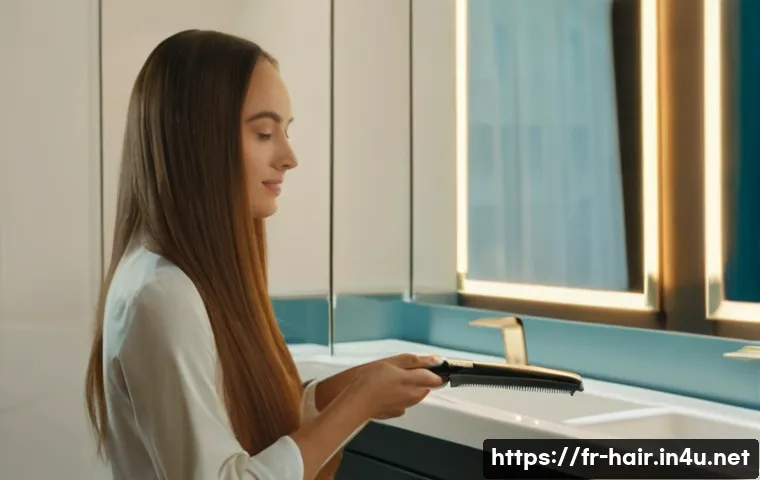 손상모 관리용 세라믹 고데기 추천 - A stylish young woman with long, fragile hair using a ceramic flat iron with smooth, shiny plates in...