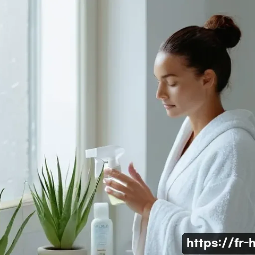 저자극 헤어토닉 추천 - A serene French woman gently massaging a light spray tonic onto her slightly damp scalp in a bright,...