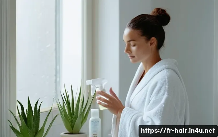 저자극 헤어토닉 추천 - A serene French woman gently massaging a light spray tonic onto her slightly damp scalp in a bright,...