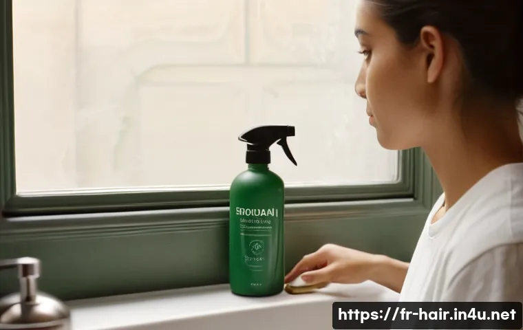 드라이 샴푸와 텍스처라이저 차이 - ) A warm, sunlit Parisian bathroom morning scene — close-up mid-shot of a young woman (early 30s, li...