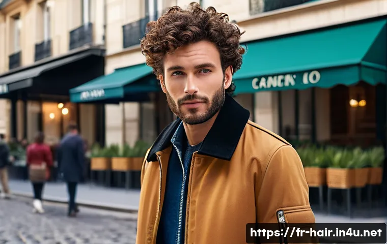 남성 헤어 스타일링 젤 추천 - A stylish French man in his early 30s with thick, curly hair styled using a strong-hold hair gel enr...