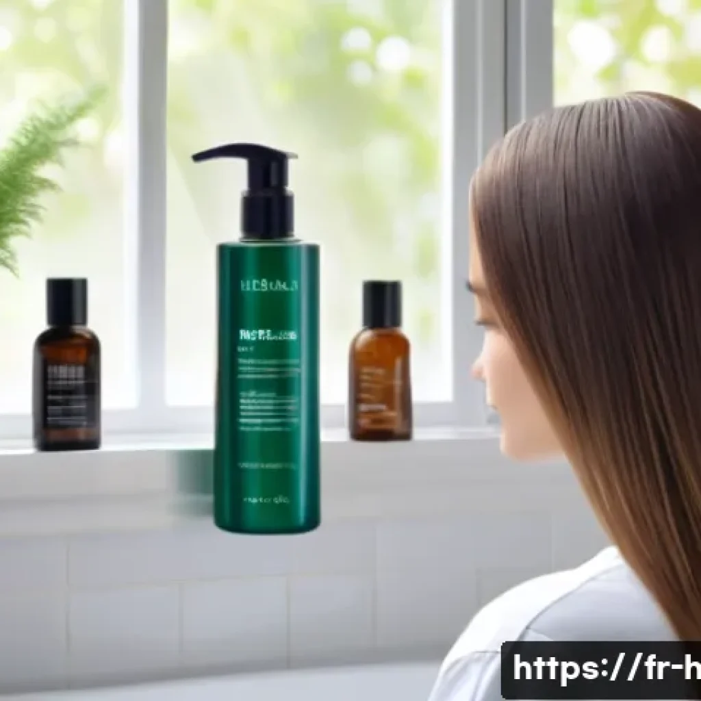 염색 유지 트리트먼트와 헤어팩 차이 - A bright, modern French bathroom scene featuring a young woman with shoulder-length colored hair app...