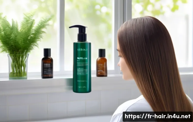 염색 유지 트리트먼트와 헤어팩 차이 - A bright, modern French bathroom scene featuring a young woman with shoulder-length colored hair app...