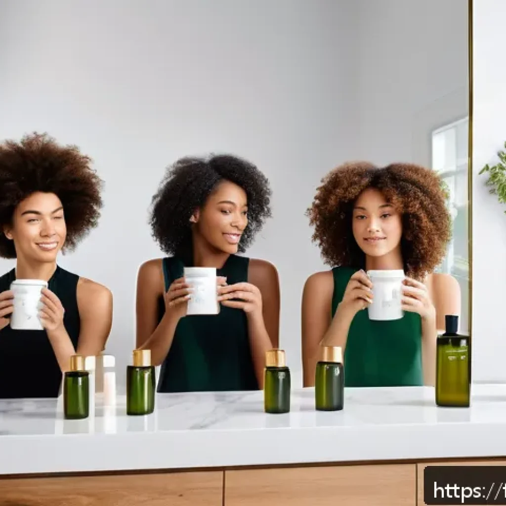 헤어 제품 성분  파라벤과 실리콘 - A modern, elegant bathroom scene featuring a diverse group of women with different hair types—fine, ...