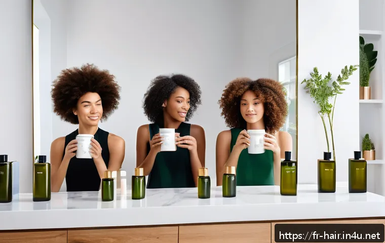 헤어 제품 성분  파라벤과 실리콘 - A modern, elegant bathroom scene featuring a diverse group of women with different hair types—fine, ...