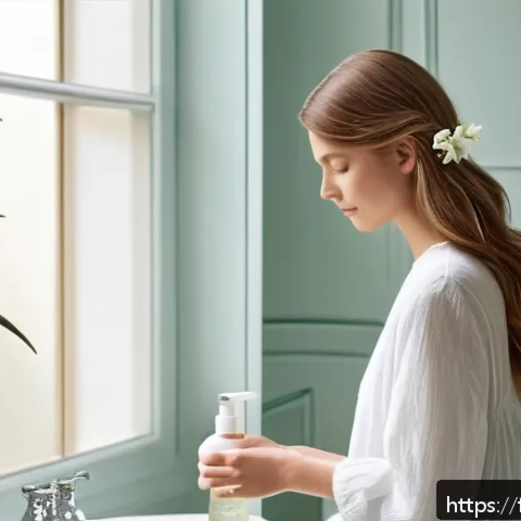 헤어미스트와 헤어오일의 차이 - A serene, sunlit bathroom scene showcasing a delicate hair mist bottle with light floral accents suc...