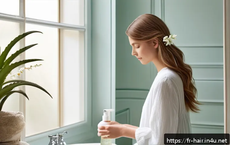 헤어미스트와 헤어오일의 차이 - A serene, sunlit bathroom scene showcasing a delicate hair mist bottle with light floral accents suc...