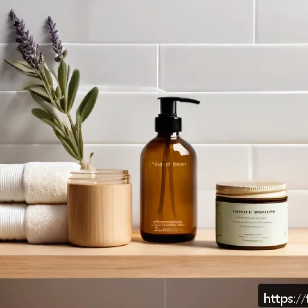 비건 헤어케어 브랜드 추천 - A stylish, eco-friendly bathroom scene featuring a minimalist vanity with vegan hair care products s...