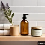 비건 헤어케어 브랜드 추천 - A stylish, eco-friendly bathroom scene featuring a minimalist vanity with vegan hair care products s...