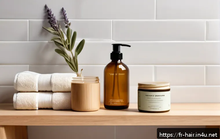 비건 헤어케어 브랜드 추천 - A stylish, eco-friendly bathroom scene featuring a minimalist vanity with vegan hair care products s...
