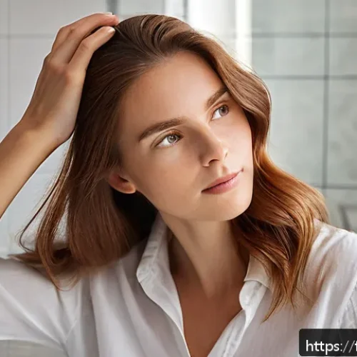 비오틴 함유 헤어 영양제 추천 - A serene close-up portrait of a young French woman with long, healthy, shiny chestnut hair, gently m...