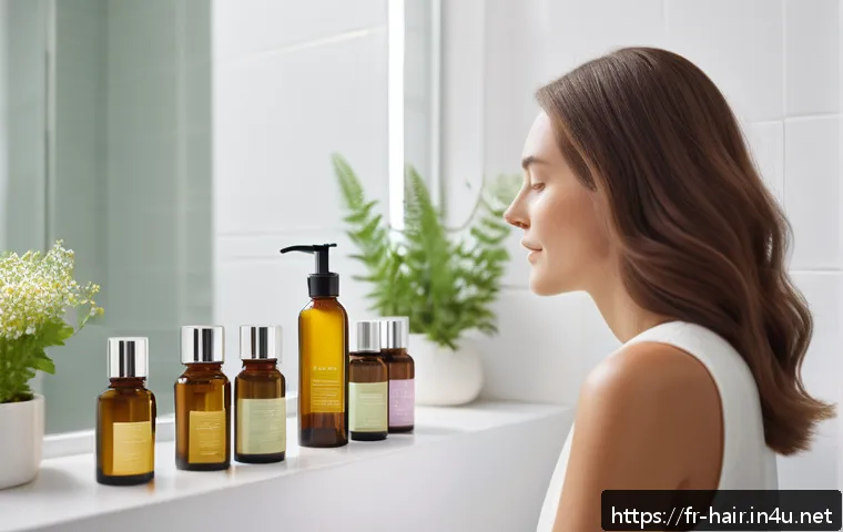 실리콘 프리 트리트먼트 추천 - A serene French woman with healthy, shiny hair gently massaging her scalp in a bright, minimalist ba...