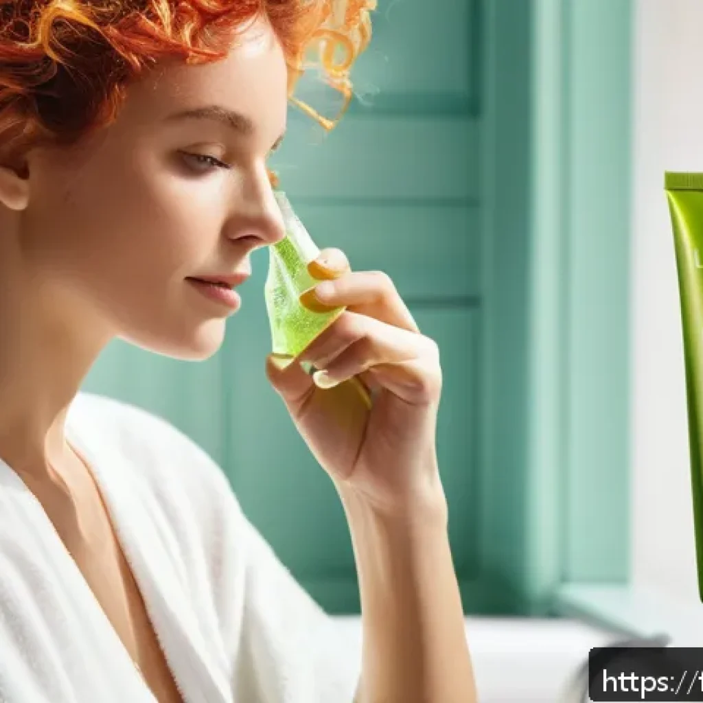 헤어컬러 유지용 리브인 트리트먼트 - A vibrant, sunlit bathroom scene featuring a French woman with fine, colored hair applying a lightwe...