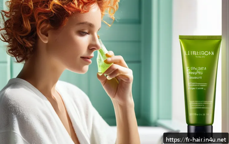 헤어컬러 유지용 리브인 트리트먼트 - A vibrant, sunlit bathroom scene featuring a French woman with fine, colored hair applying a lightwe...