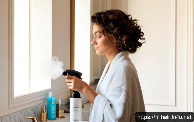Home 17 열 보호 기능 있는 헤어 스프레이 - Photorealistic beauty scene in a bright Parisian apartment bathroom, elegant French woman styling he...