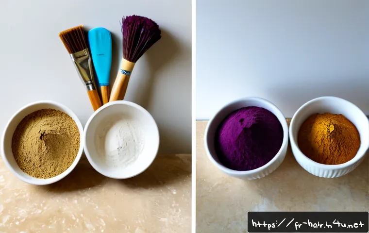 Home 15 천연 염색약과 화학 염색약 차이 - Photorealistic side-by-side comparison on a clean French bathroom vanity: on the left, natural hair ...