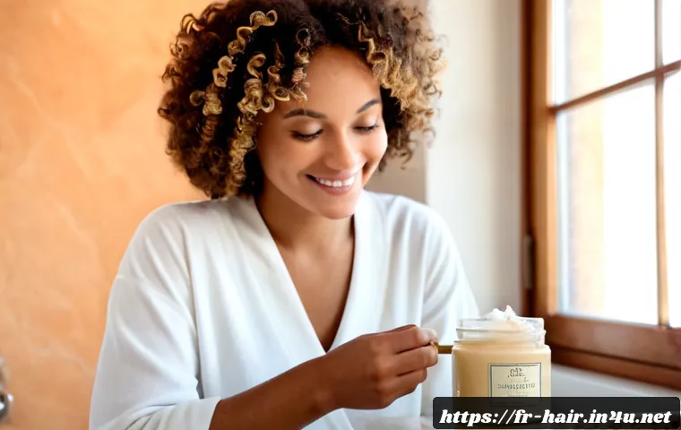 곱슬머리 전용 헤어크림 추천 - Photorealistic French bathroom vanity scene, a smiling adult woman with defined natural curly hair a...